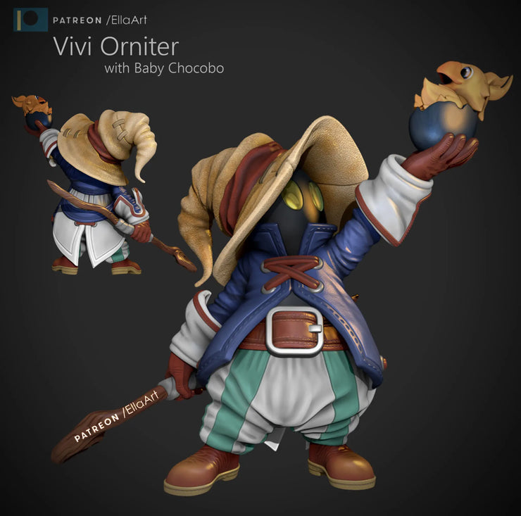 Vivi ornitier with baby chocobo final fantasy ix chibi 3d printed resin 75mm tall